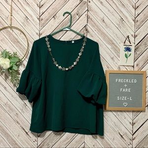 Teal solid dress top with bell sleeves